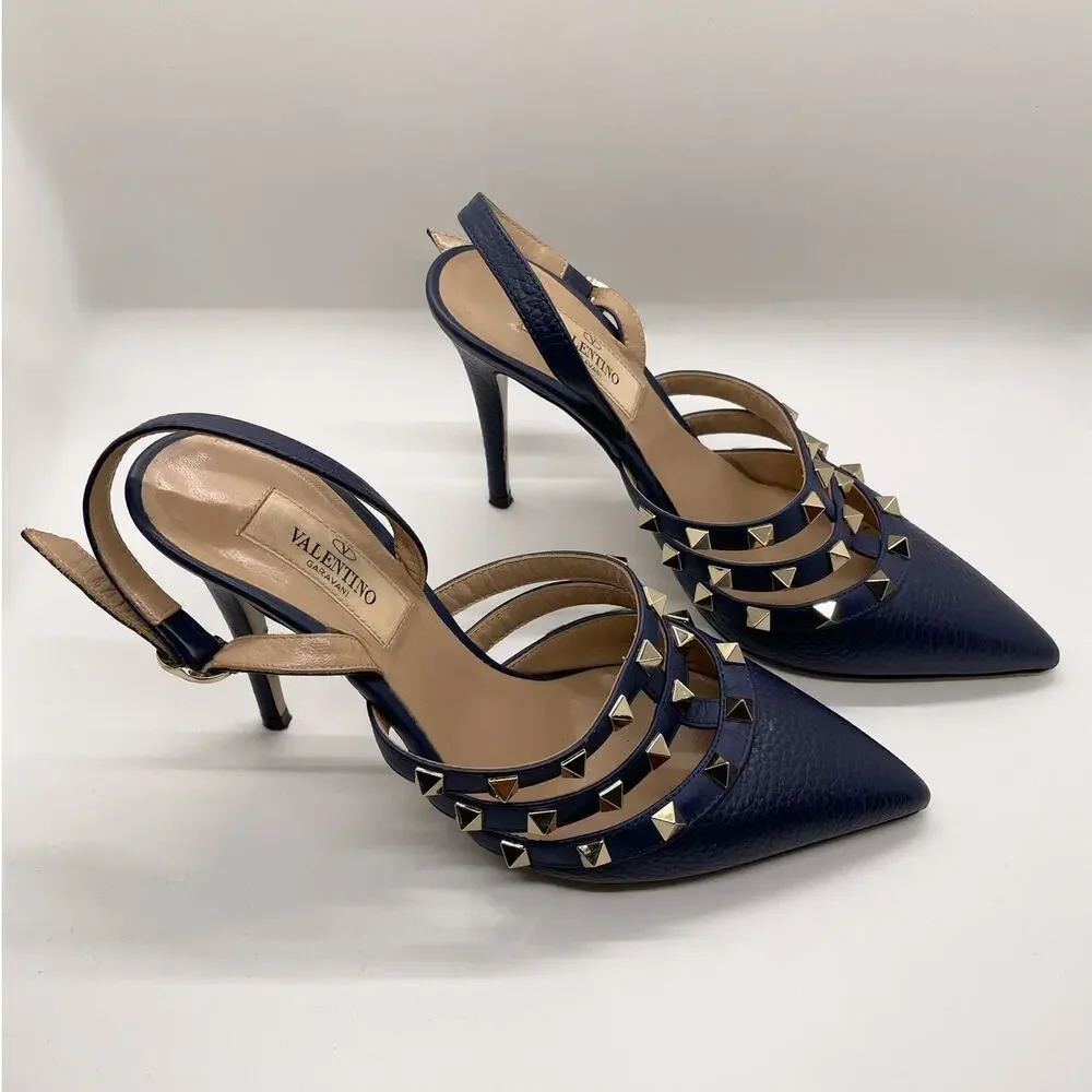 Valentino Garavani Rockstud slingback pumps Navy Blue pebbled calfskin leather